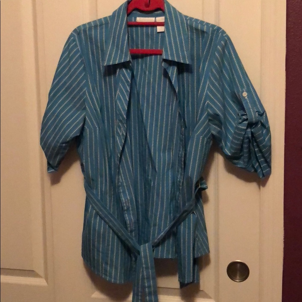 Blue and white striped button Down Top w tie waist